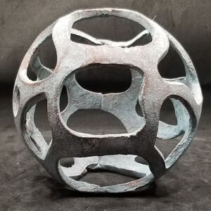 Decorative metal orb hollow geometric for decor approx 5 inch sphere distressed